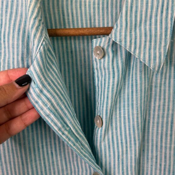 Chico’s 100% Linen Button Down Shirt Women’s Size 3‎ (XL) Aqua Blue White Stripe - Picture 4 of 9